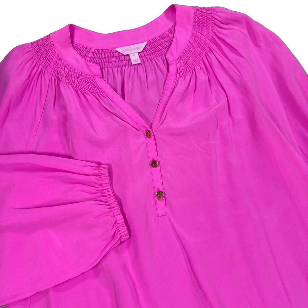 Lily Pulitzer Blouse Women's M Hot Pink 100% Silk Long Sleeve Gold Buttons Top